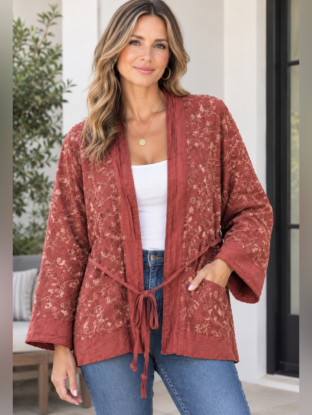 Zara ZW Collection Embroidered Linen Kimono Floral Embroidered Jacket NWT